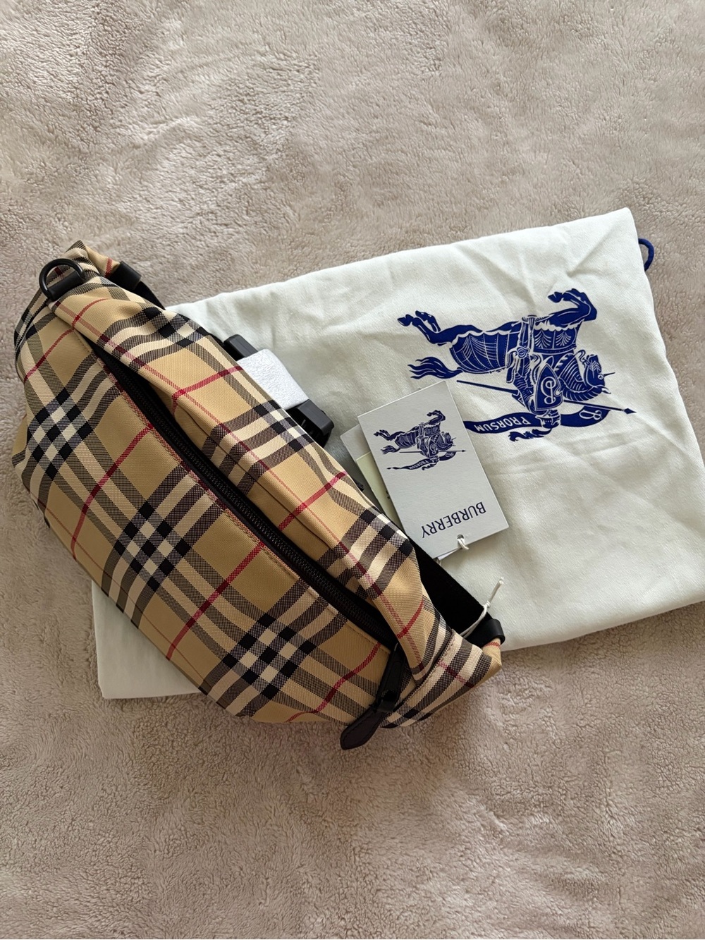 BURBERRY Tan Check Unisex Belt Bag with Black and Red Accents